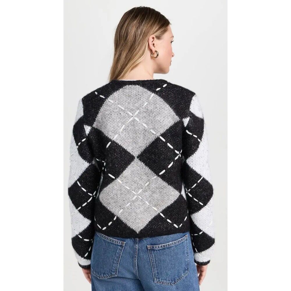 English Factory Argyle Cardigan Women S Heavyweight Cross Stitch Knit Black Gray - Picture 10 of 13